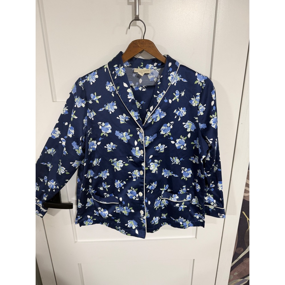 Appleseeds Petites Navy Blue Floral Satin Pajama Set PS Small Petite A18205